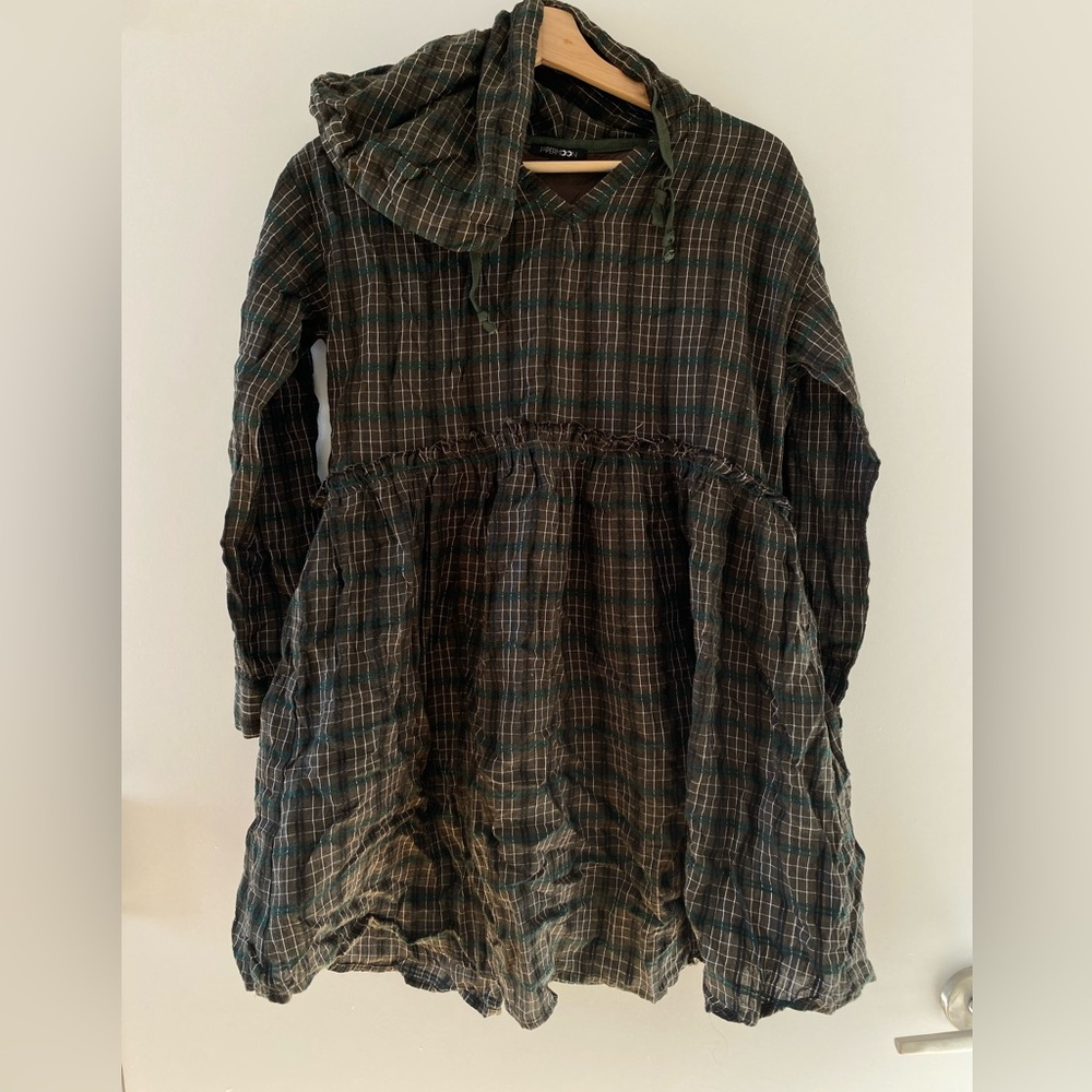 Green Hooded Dress in Size Small Cottagecore Goblincore Flannel Checker Print